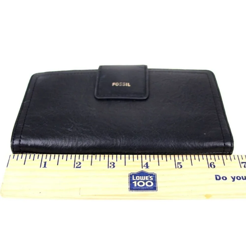 FOSSIL BLACK GENUINE LEATHER ID CARD COIN HOLDER BILL BIFOLD WALLET PURSE